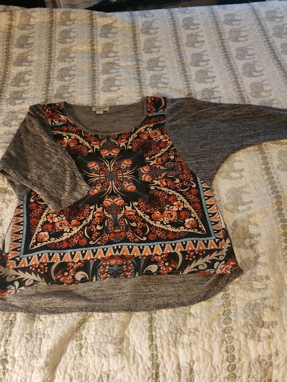 ONE WORLD Brown Marled Knit Top with Floral Front